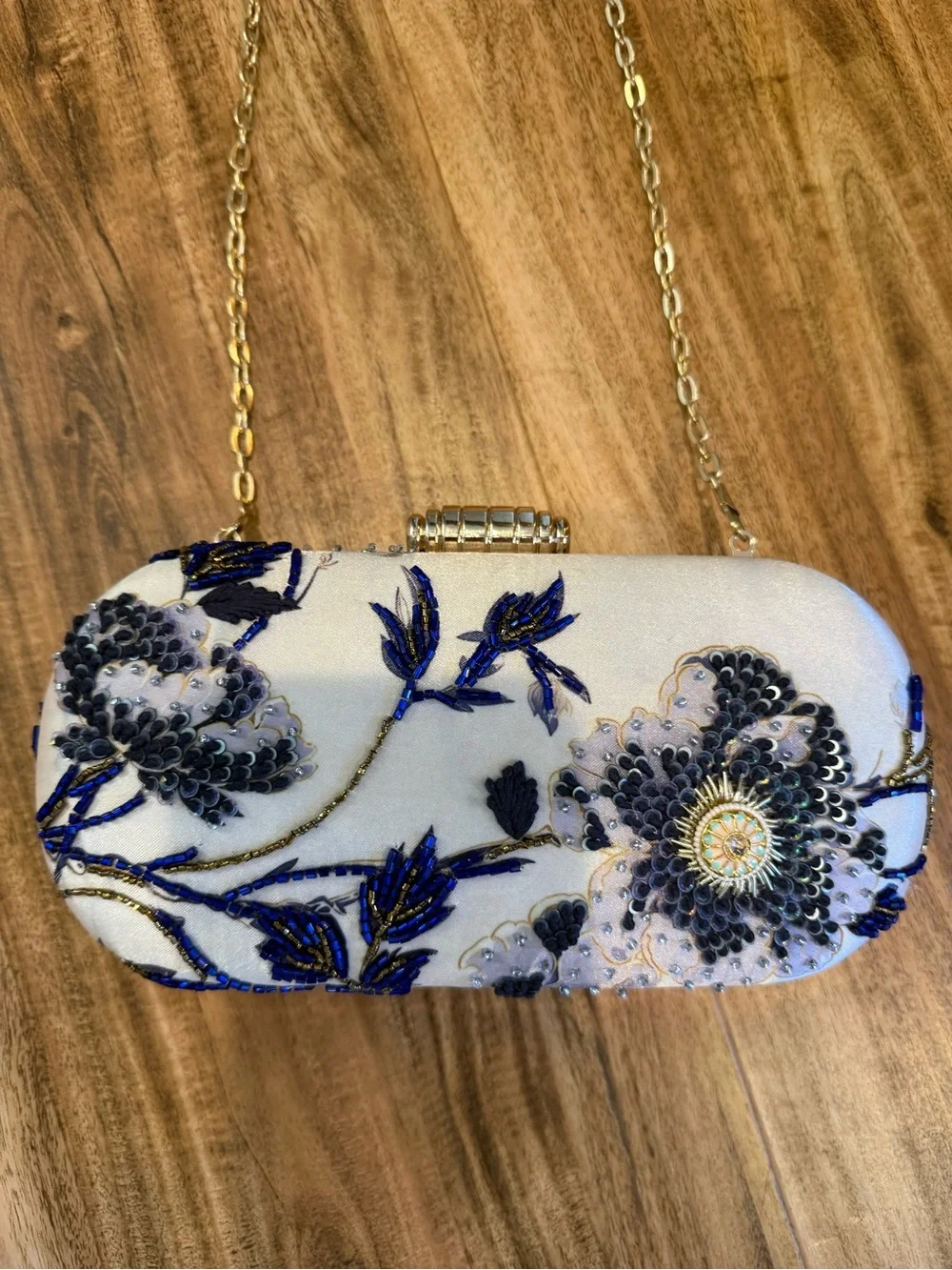 Embellished White Evening Clutch with Blue Floral Beading hand made from Etsy